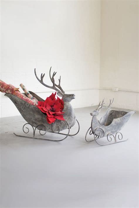 Set Of 2 Aged Grey Metal Deer Sleighs Christmas Decorations Rustic