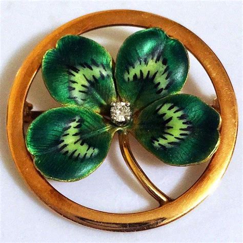 Antique Art Nouveau Enamel Diamond 14k Gold Clover Shamrock Brooch Pin
