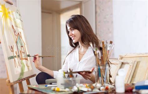 Female Artist Paints Picture On Canvas Stock Photo Image Of Banner