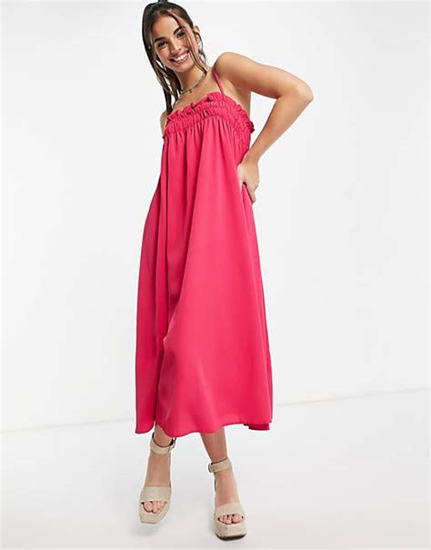 Lola May Shirred Midaxi Cami Smock Dress In Hot Pink Asos
