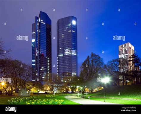 Deutsche Bank Headquarters At Night Mirrored High Rise Towers