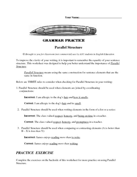 Grammar Practice Parallel Structure Worksheet For 6th 8th Grade