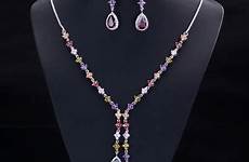 multicolored necklace jewelry sets cubic zirconia dangle drop elegant stone long party women set