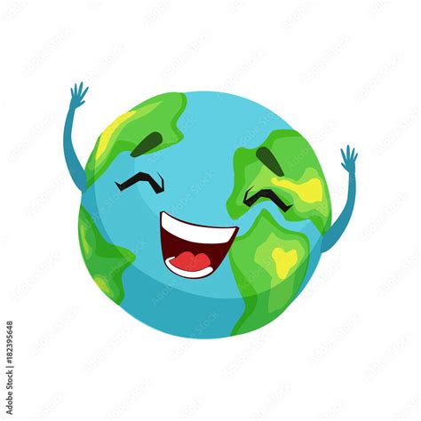 Happy Earth Planet Character Cute Globe With Smiley Face And Hands