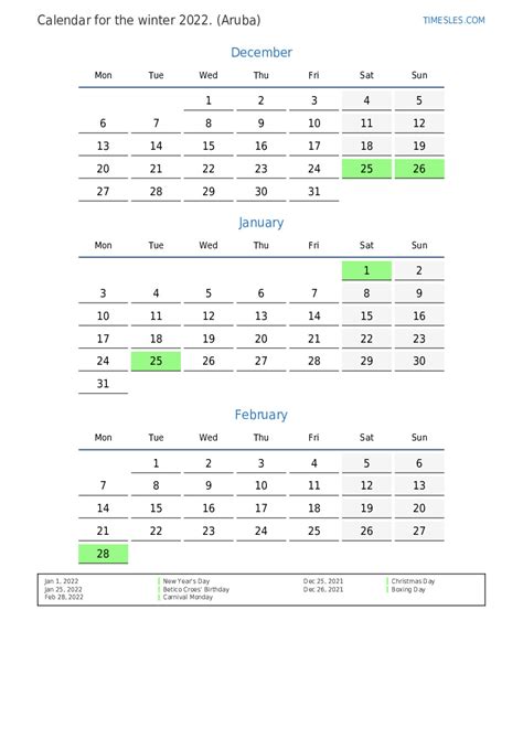 Calendar For 2022 With Holidays In Aruba Print And Download Calendar