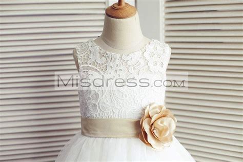 Princess Ivory Lace Tulle Wedding Flower Girl Dress Champagne Beltbo