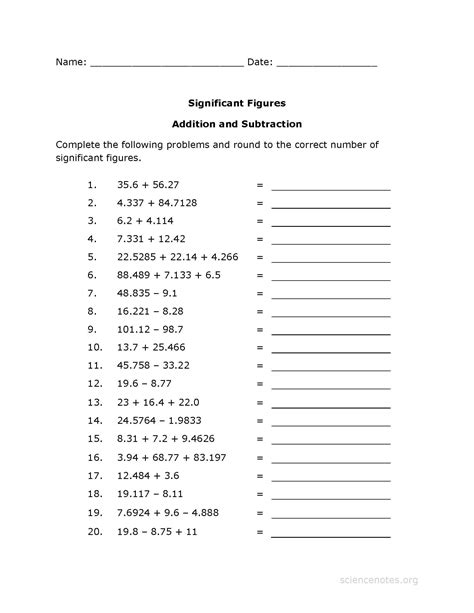 Significant Figures Worksheet PDF - Addition Practice