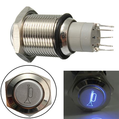 12v 16mm Waterproof Momentary Horn Metal Push Button Switch Blue Led