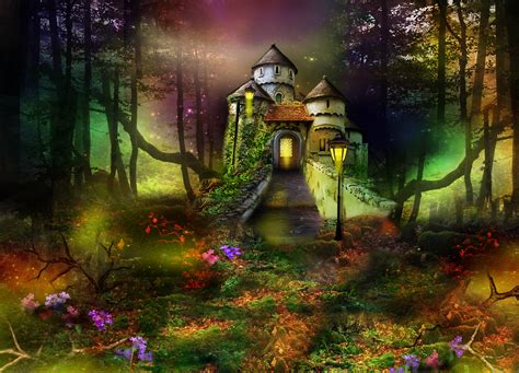 Download Flower Lantern Forest Castle Fantasy Artistic Hd Wallpaper By