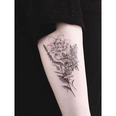 Kaiju Rapture Botanical Fine Line Black Tattoo Lavender Gardenia Lilac