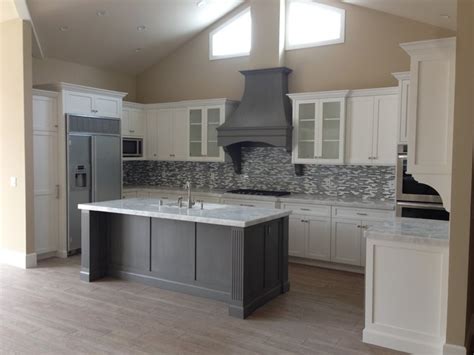 If navy is more your scene…. Shaker white kitchen fluted grey island - Beach Style ...