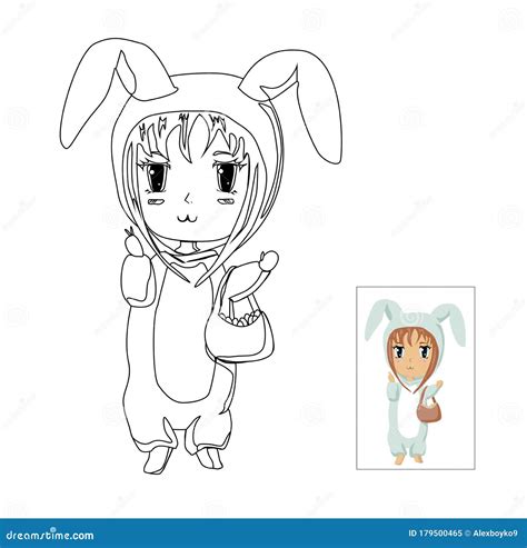 Vector Anime Character In Rabbit Kigurumi Outline Cute Illustration