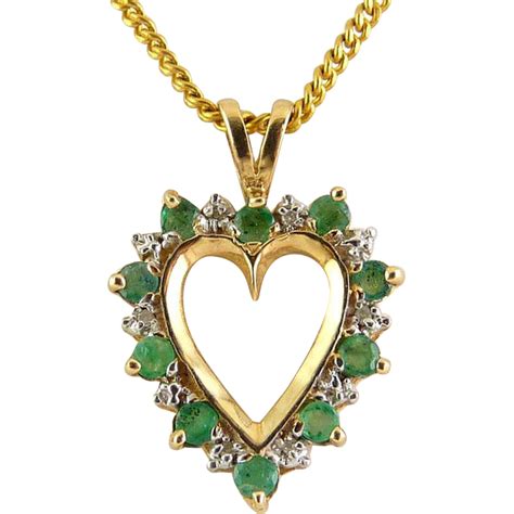 10k Yellow Gold Emerald And Diamond Open Heart Pendant Necklace Found