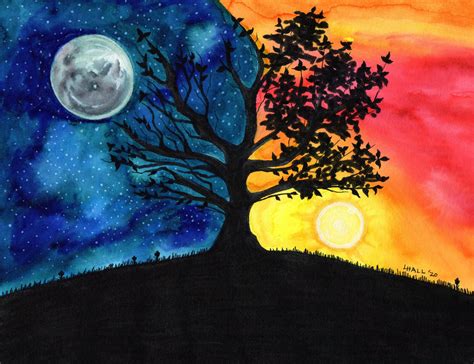 Night And Day Original Art Watercolor Marker And Acrylic Paint Etsy