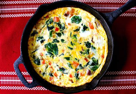 Cheesy Frittata With Bacon Peppers Spinach And Onion Recipe