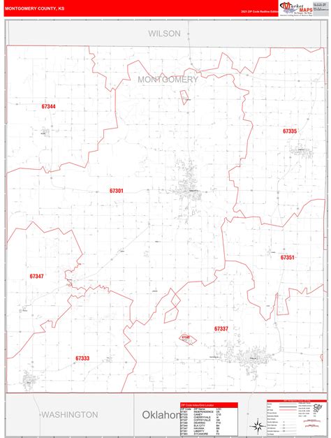 Montgomery County Ks Zip Code Wall Map Red Line Style By Marketmaps