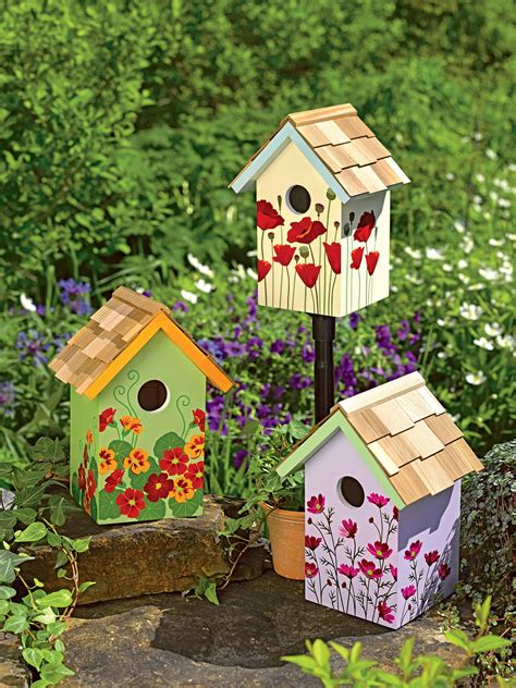 Floral Print Birdhouses Set Of 3 Hand Painted