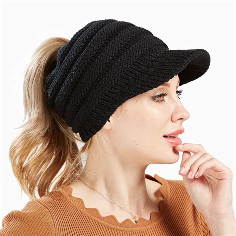 Lady Wool Knitted Hat Women's Knitted Baseball Cap Female Open Horsetail Hats Skiing Sports Cap ...