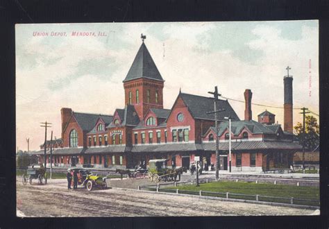 Mendota Illinois Union Railroad Depot Train Station Vintage Postcard