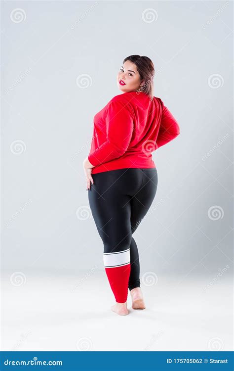 Plus Size Model In Sportswear Fat Woman On Gray Background Healthy Lifestyle Concept Stock