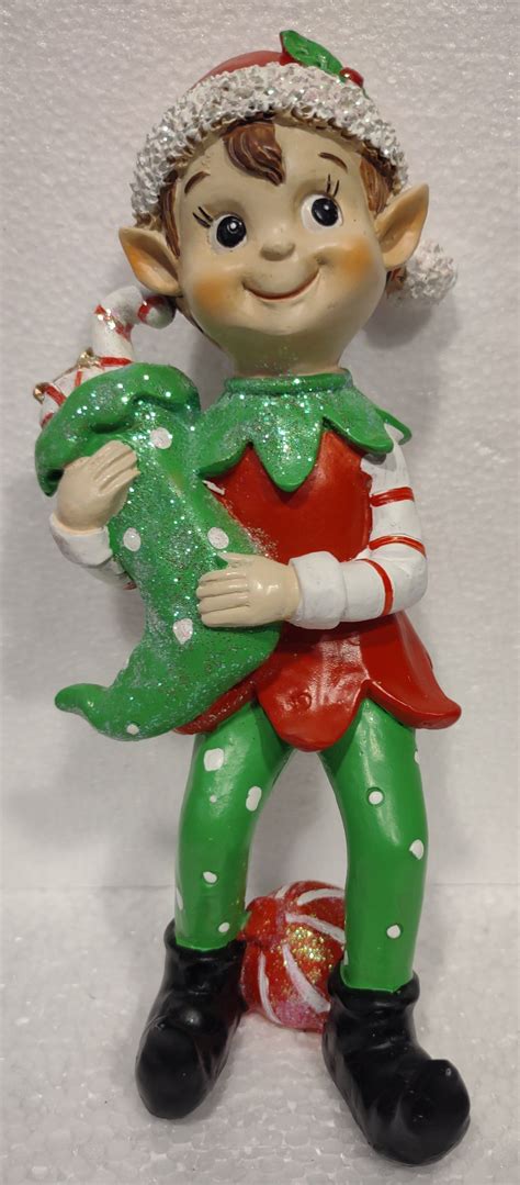 Merry Elf Figurine Holding Green Stocking Filled With Candy 9 Christmas Elf Green Stockings