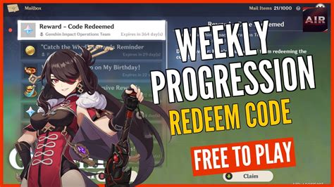 We will update this article with all the new redemption codes once available. Genshin Impact - Weekly Progression F2P Week Six [Redeem ...