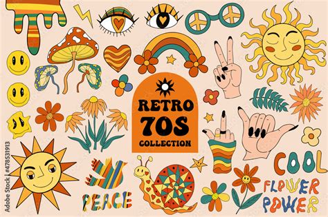 Retro 70s Vibe Hippie Stickers Psychedelic Groovy Elements Cartoon