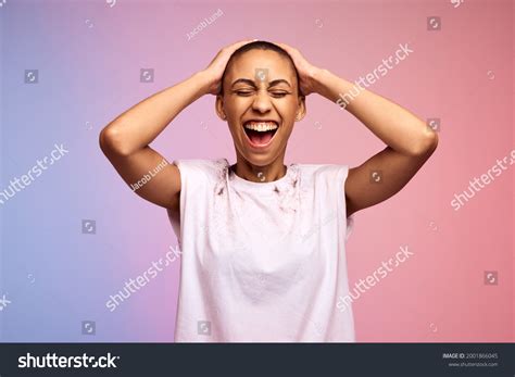 Happy Woman Shaved Head On Gradient Stock Photo 2001866045 Shutterstock