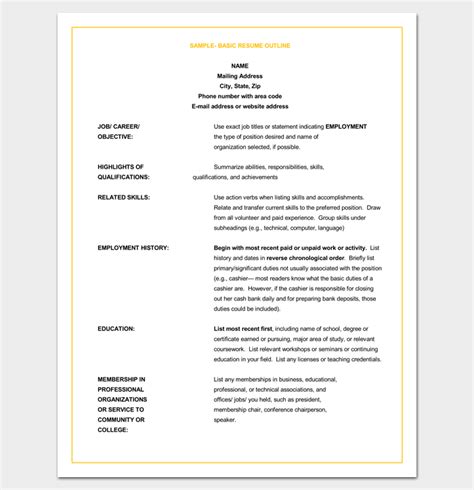 It follows a simple resume format, with name and address bolded at the top, followed by objective, education, experience, and awards and acknowledgements. Resume Outline Template - 19+ For Word and PDF Format