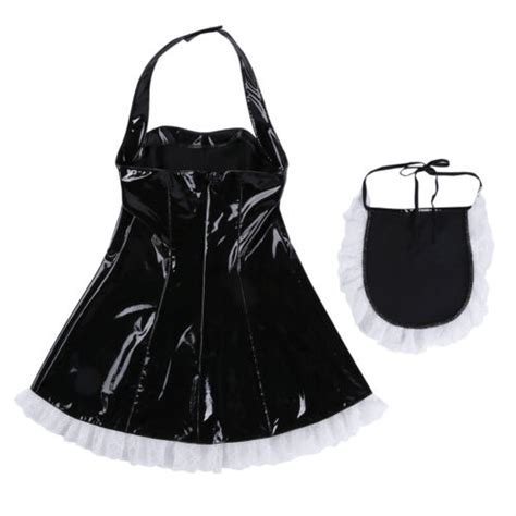 Womens French Maid Fancy Dress Costume Wetlook Maidservant Apron