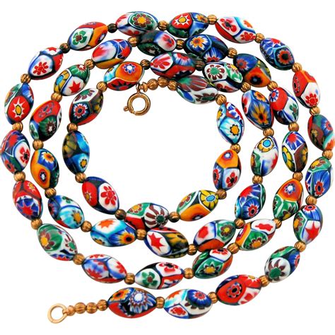 Vintage Millefiori Murano Bead Necklace 50 Venetian Glass Oval Beads 31 Inches Murano Jewelry