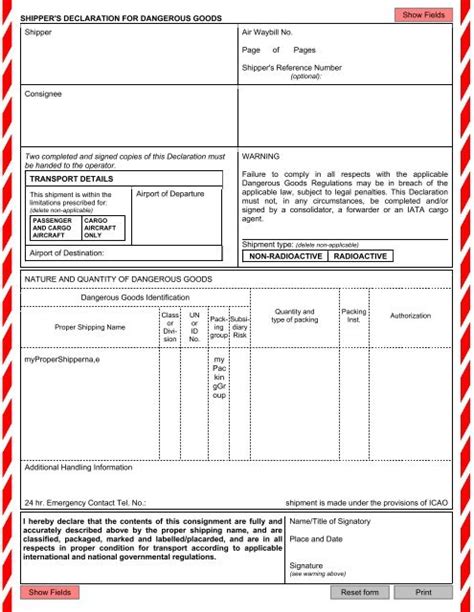 Printable Dangerous Goods Declaration Form