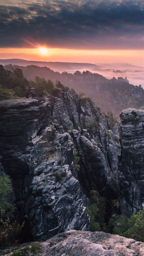 Morning Forest Fog Rocks Mountains Sunrise