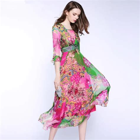 Buy 100 Pure Silk Dresses 2017 Summer High Quality Bohemian Flare Sleeve