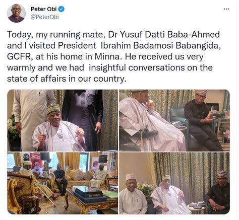 Peter Obi Visits Babangida Abubakar In Minna See Photos