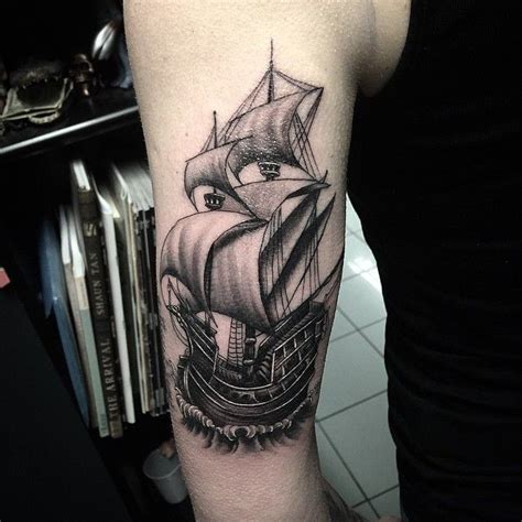 Black And Grey Ship Done By Snappy Gomez Kings Cross Tattoo Parlour