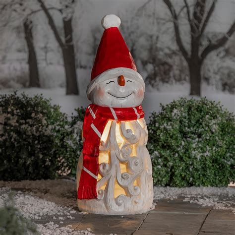 Carved Lighted Holiday Snowman Statue Plow And Hearth