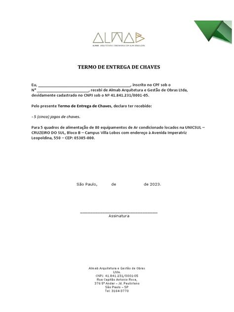 Termo De Entrega De Chaves Pdf