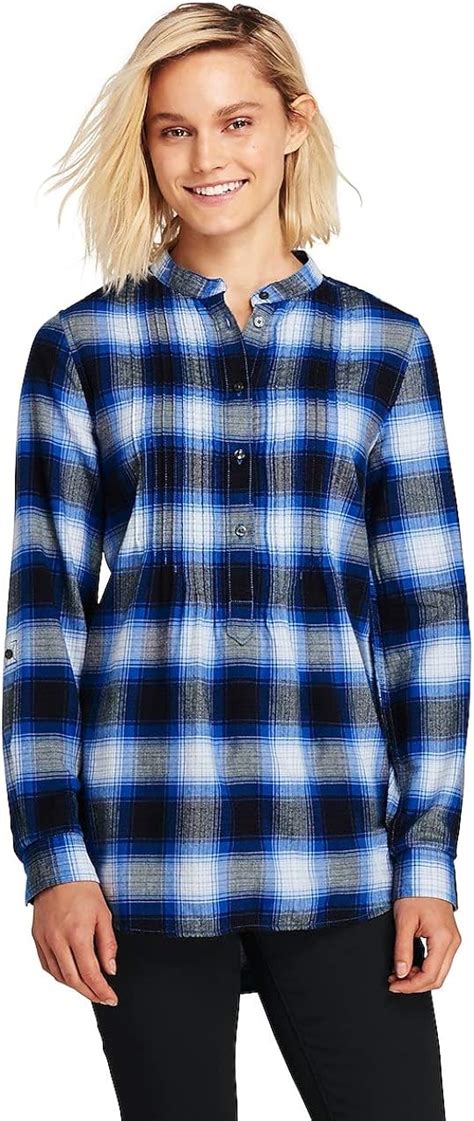 Lands End Womens Flannel Tunic Top 12 Bright Sea Blue Plaid At