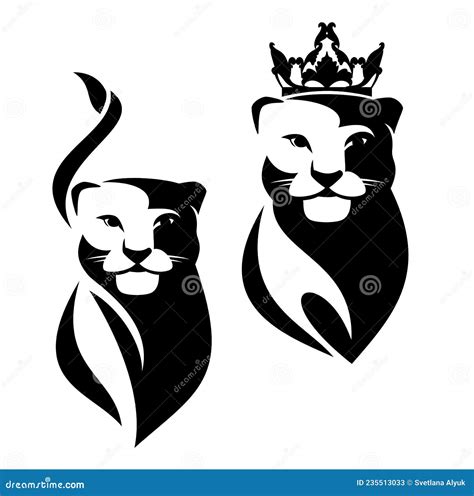 Queen Lioness Wearing Royal Crown Black And White Vector Head Portrait