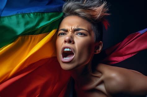 虹の旗を持つゲイ女性の表現力豊かなプライド写真プライド月間レズビアンの背景の壁紙 プレミアム写真