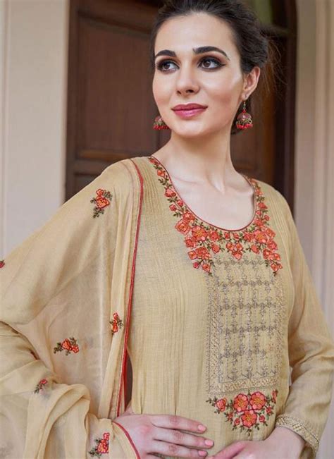 Shop Online Resham Cream Fancy Fabric Designer Pakistani Suit 128833