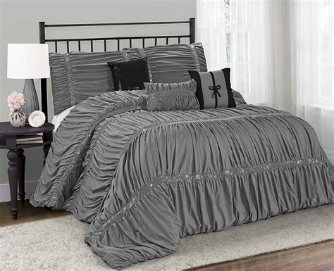 Its reversible design features two solid colors so you can achieve two different looks. HIG 7 Piece Comforter Set King-Gray Microfiber Ruffles ...