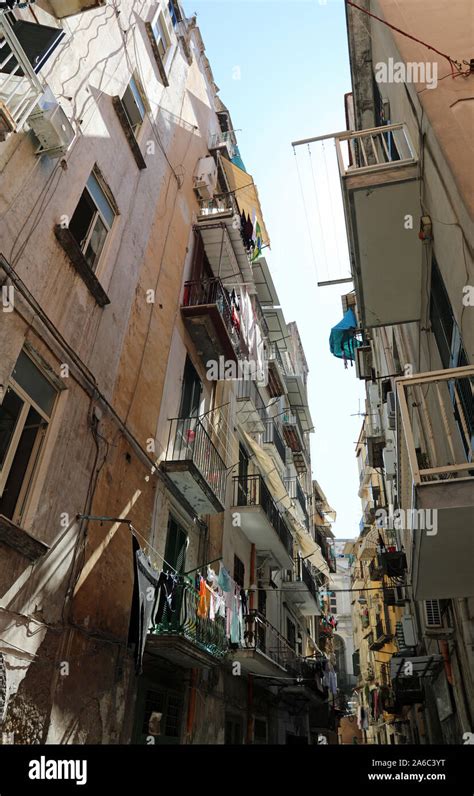 High Houses On The Narrow Street In Naples City In Italy In The Popular
