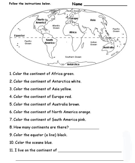 labeling continents  oceans worksheet worksheets samples