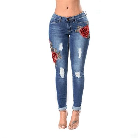 2017 Fashion Women Sexy Ripped Jeans Casual Embroidered Denim Slim