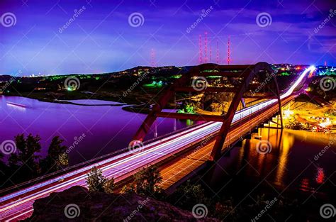 360 Bridge At Night Pennybacker Bridge Austin Skyline Stock Photo