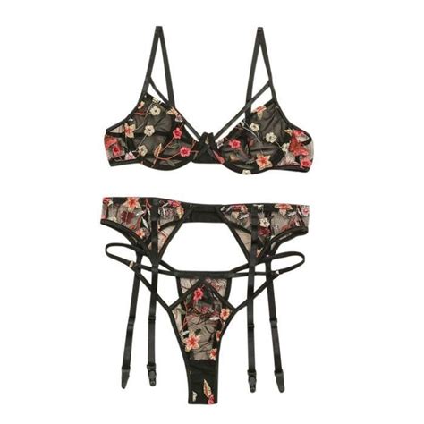 Femmes Sexy Dentelle Fleurs Broderie Split Trois Pièces Ensemble Lingerie Sexy Le Noir200 Le