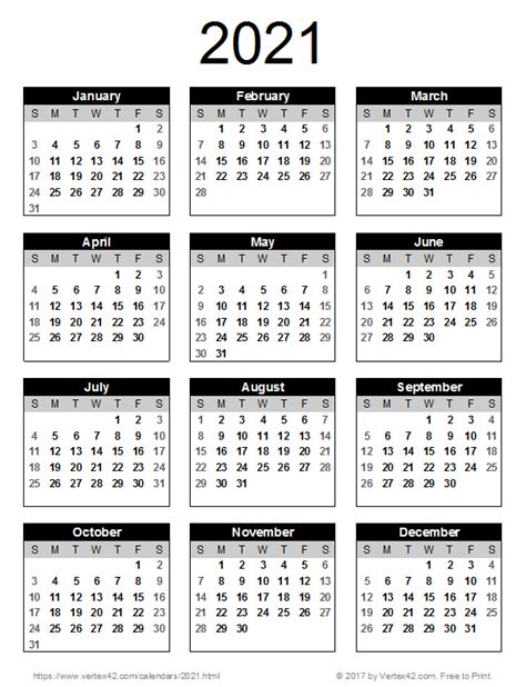 Vertex Printable Calendar 2021