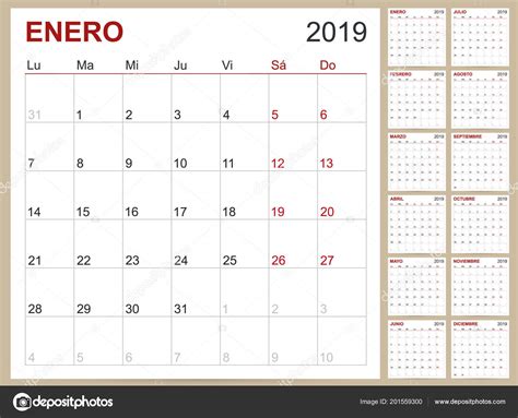 Calendario Planificaci贸n Espa帽ol 2019 Plantilla Calendario Espa帽ol Para